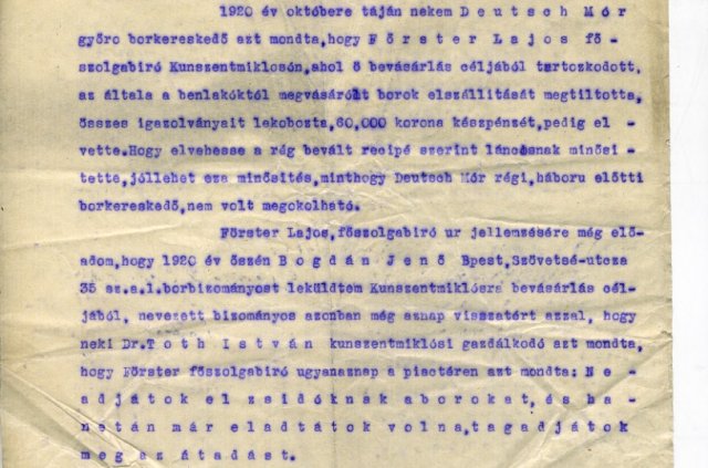 Részlet a PIH Jogsegítő Irodáján 1921. 07. 17-én felvett jegyzőkönyvből- Rózsa Manó (Forrás: MZSL )
